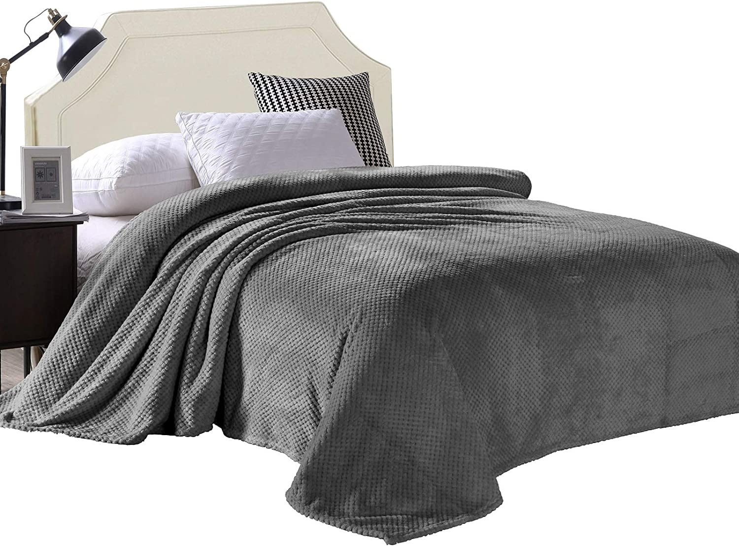 Exclusivo Mezcla Waffle Textured Soft Fleece Blanket, Queen Size Bed Blanket, Cozy Warm and Lightweight (Dark Grey, 90"x90")
