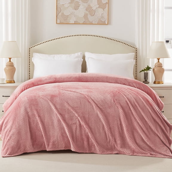 Exclusivo Mezcla Waffle Textured Soft Fleece Blanket, Queen Size Bed Blanket, Cozy Warm and Lightweight (Dusty Pink, 90"x90")