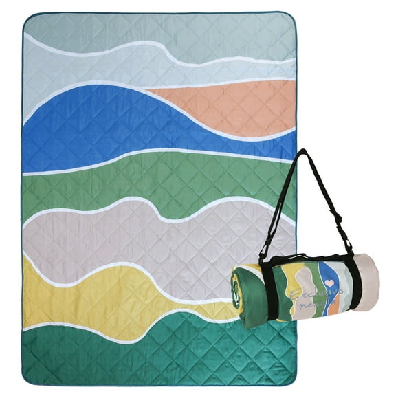 Exclusivo Mezcla Waterproof Picnic Blankets 3-Layer 60"x 80" Large Sandproof Beach Blanket Foldable Outdoor Blanket for Camping on Grass Picnic Mat, Waved Green