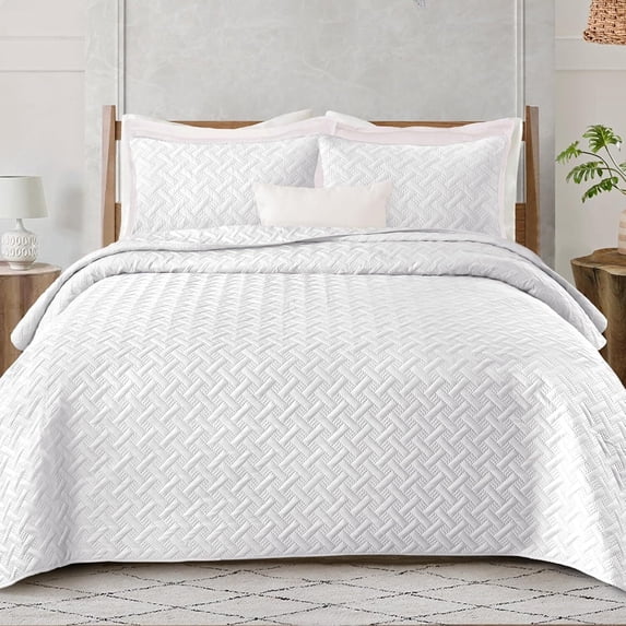 Exclusivo Mezcla White King Quilt Set, Weave Pattern Ultrasonic Lightweight Bedspreads, Soft Coverlets Bedding Set with Pillow Shams