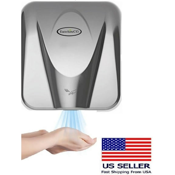 ExcoAir High Speed Commercial Hand Dryer, Polished Stainless Cover, Automatic Sensor, Surface Mounted, Noise Reduction Nozzle, Model S