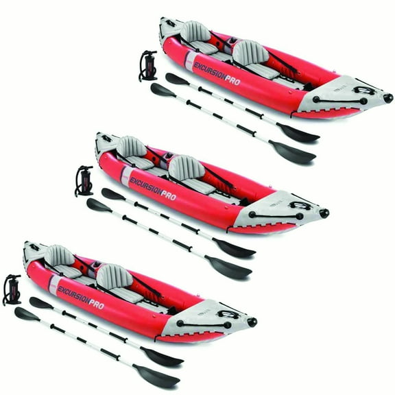 Excursion Pro Inflatable 2 Person Vinyl Kayak with Oars & Pump, Red (3 Pack)
