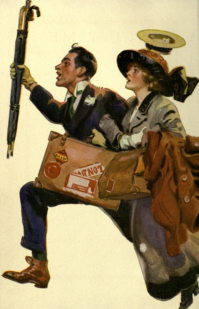 Excuse Me 1911 Couple running with cases Canvas Art - Unknown (18 x 24)