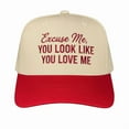 thumbnail image 1 of Excuse Me, You Look Like You Love Me Embroidered Trucker Hat, Red and Beige Two-Tone Snapback Cap, Adjustable Fit for Men Women, Flirty and Playful Statement Hat, Perfect for Summer Dates and Gifts, 1 of 5