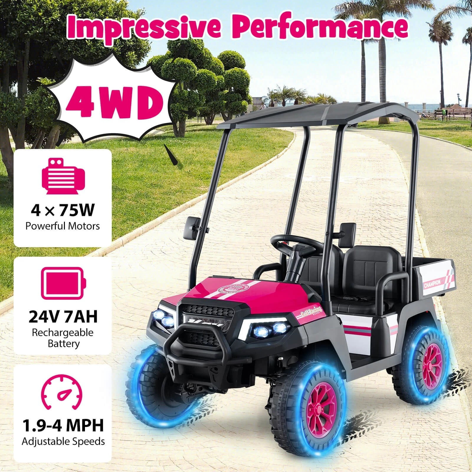 Exdeerjoy 24V 7AH Kids Golf Cart, 4WD 2 Seater Ride on Car w/Sun Shade, Storage & Remote Control, Battery Powered Vehicle