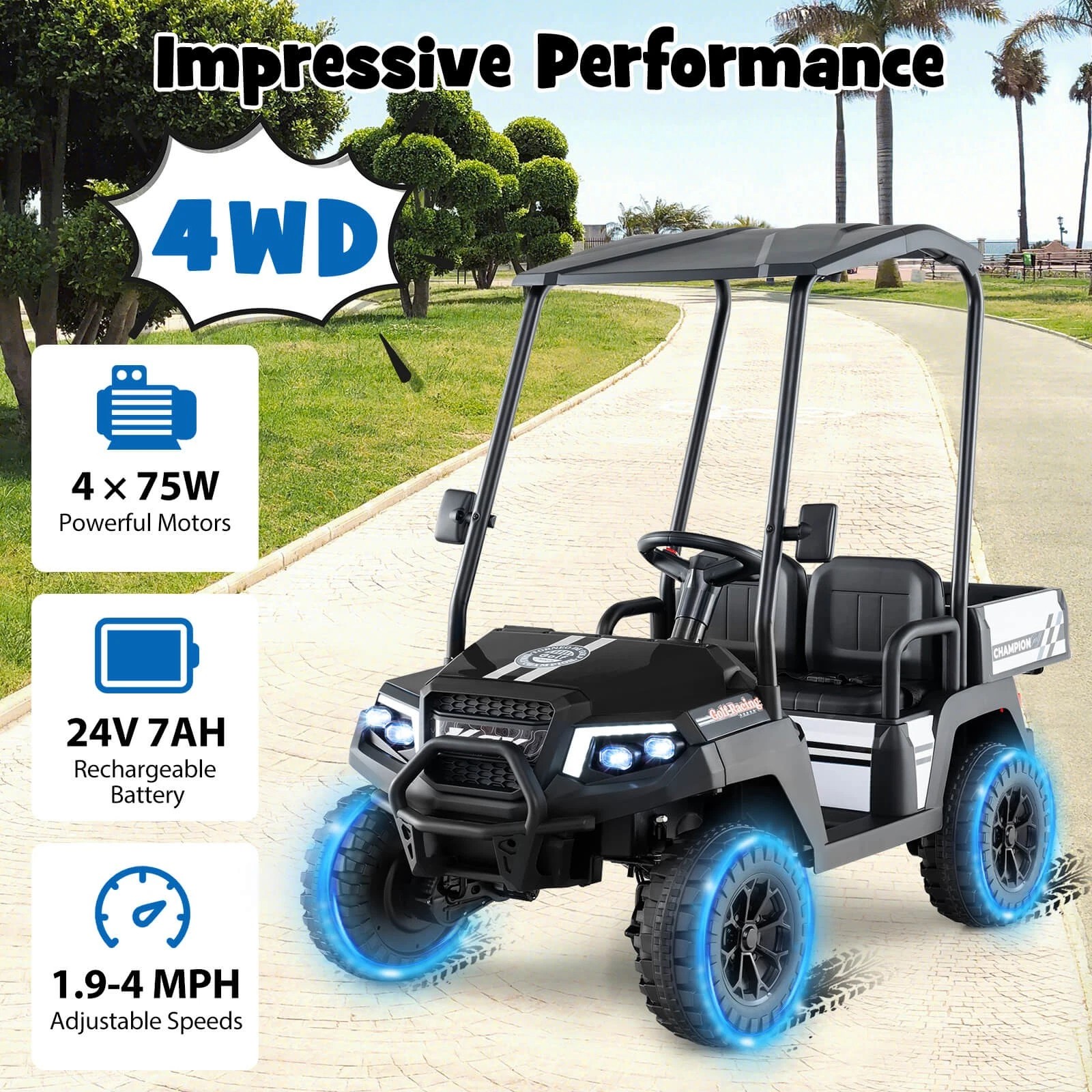Exdeerjoy 24V 7AH Kids Golf Cart, 4WD 2 Seater Ride on Car w/Sun Shade, Storage & Remote Control, Battery Powered Vehicle