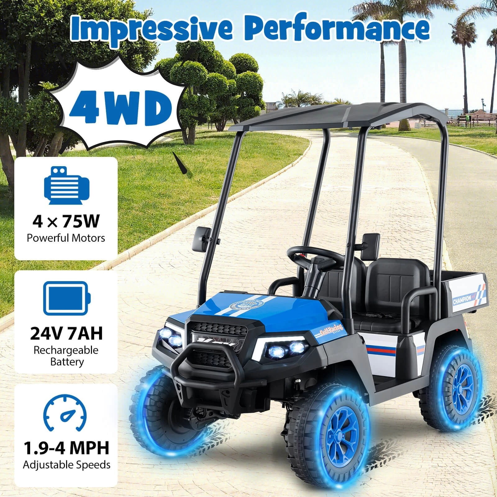 Exdeerjoy 24V 7AH Kids Golf Cart, 4WD 2 Seater Ride on Car w/Sun Shade, Storage & Remote Control, Battery Powered Vehicle