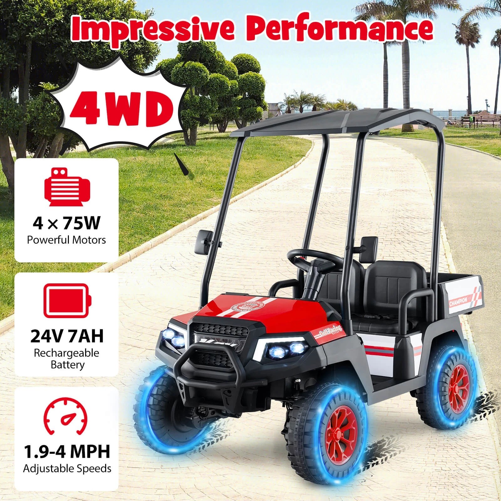 Exdeerjoy 24V 7AH Kids Golf Cart, 4WD 2 Seater Ride on Car w/Sun Shade, Storage & Remote Control, Battery Powered Vehicle