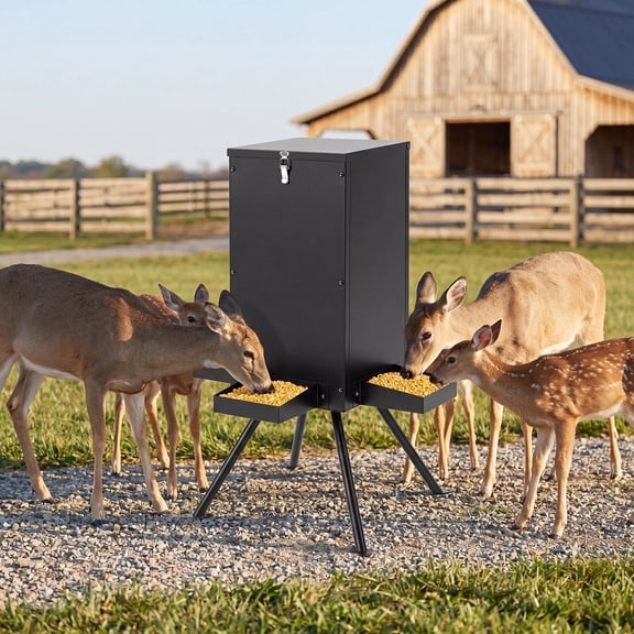 Exdeerjoy 90LB Gravity Deer Feeder with 4 Feeding Trays and 4-Leg Stand for Hunting, Farm