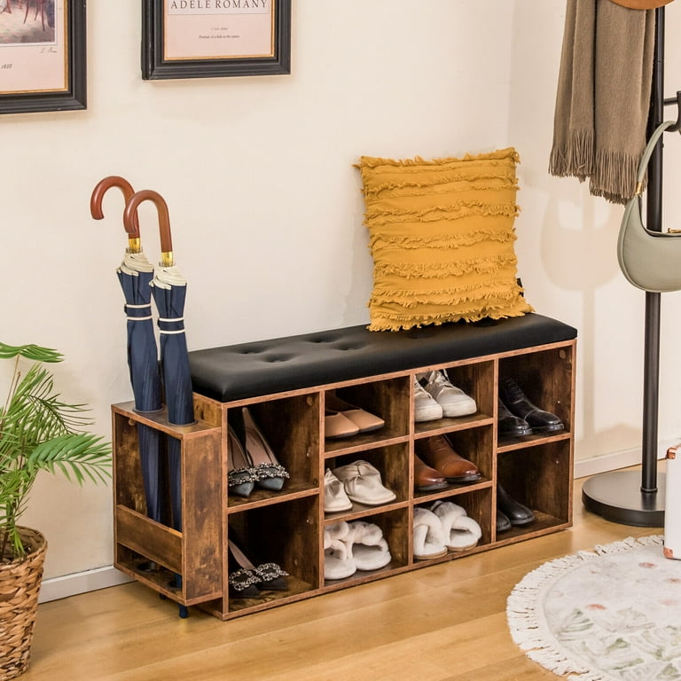 Exdeerjoy Shoe Storage Bench with Umbrella Stand 10 Cube Entryway Bench with Adjustable Shelf Padded Cushion Cubby Shoe Rack Organizer for Living Room Rustic Brown Black Walmart