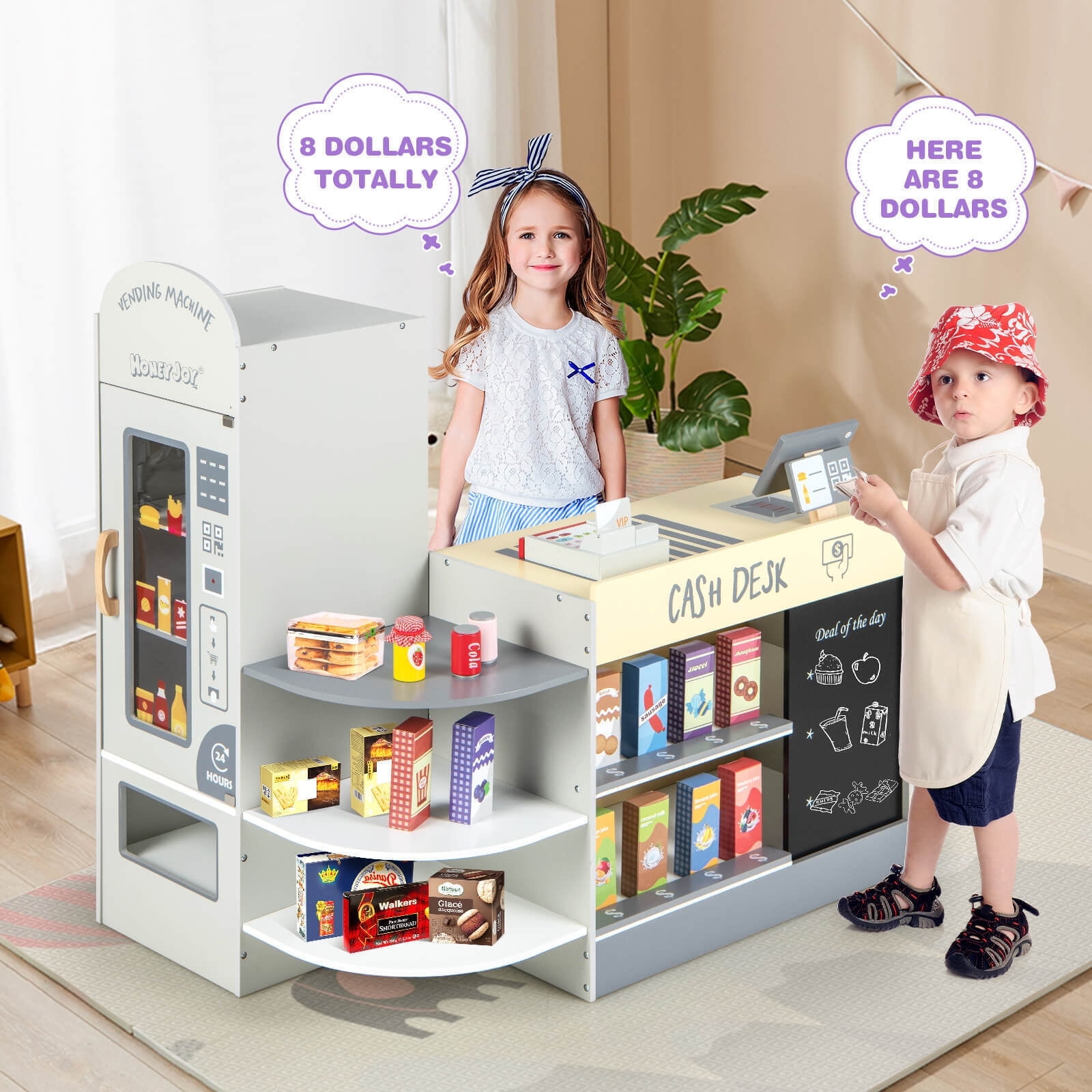 Gray Wooden Kids Grocery Store Playset with Cash Register