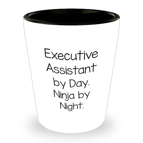 Executive Assistant By Day Ninja By Night Shot Glass, Funny Birthday Unique Gift for Executive Assistant Friends and Family, White Ceramic 1.5oz Capacity