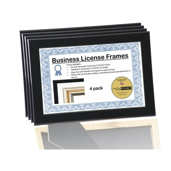 Executive Collection Black License Frame 5.5 by 8.5 inch Wall Hanger or Table Top for Certificates, Tax License and more (4-Pack)