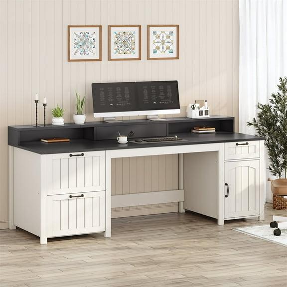 Executive Desk, 63" Farmhouse Desk with Storage, Home Office Desk with Drawers and Cabinet, Wood Desk with Monitor Stand, Rustic Writing Desk Study Table Elegant Computer Desk with File Drawer, White