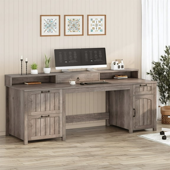 Executive Desk, 63" Farmhouse Desk with Storage, Home Office Desk with Drawers and Cabinet, Wood Desk with Monitor Stand, Rustic Writing Desk Study Table, Elegant Computer Desk with File Drawer, Grey