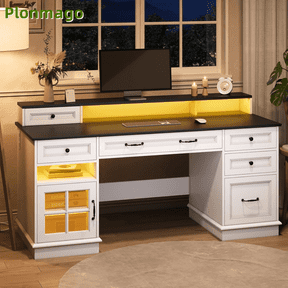 Plonmago Executive Desk with Drawers,Computer Desk with Power Outlet and Led Lights, Modern Desk with Storage Cabinet and Monitor Shelf for Home Office,Ergonomic,White