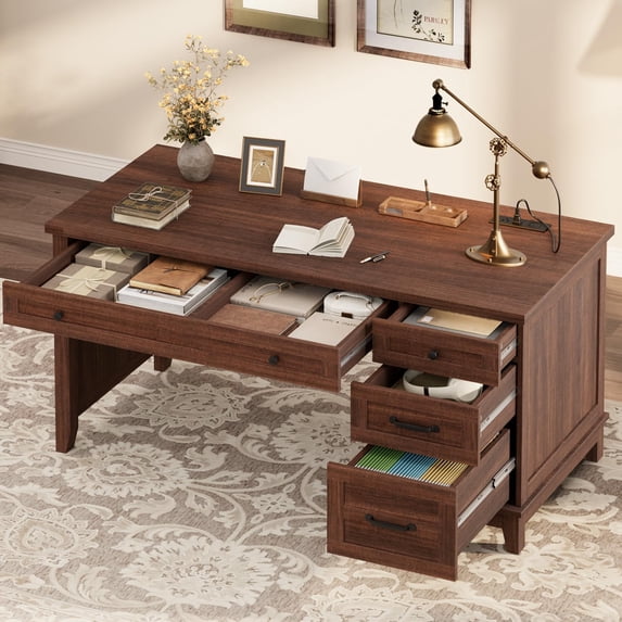 Executive Desk with Drawers, Farmhouse Home Office Desk with Charging Station, 53.54" Wooden Computer Desk with File Cabinet Storage for Work Study Writing