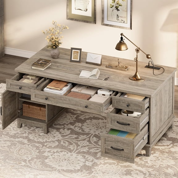 Executive Desk with File Drawers, Farmhouse Home Office Desk with Charging Station, 60 in Wooden Computer Desk with Cabinet Storage for Work Study Writing