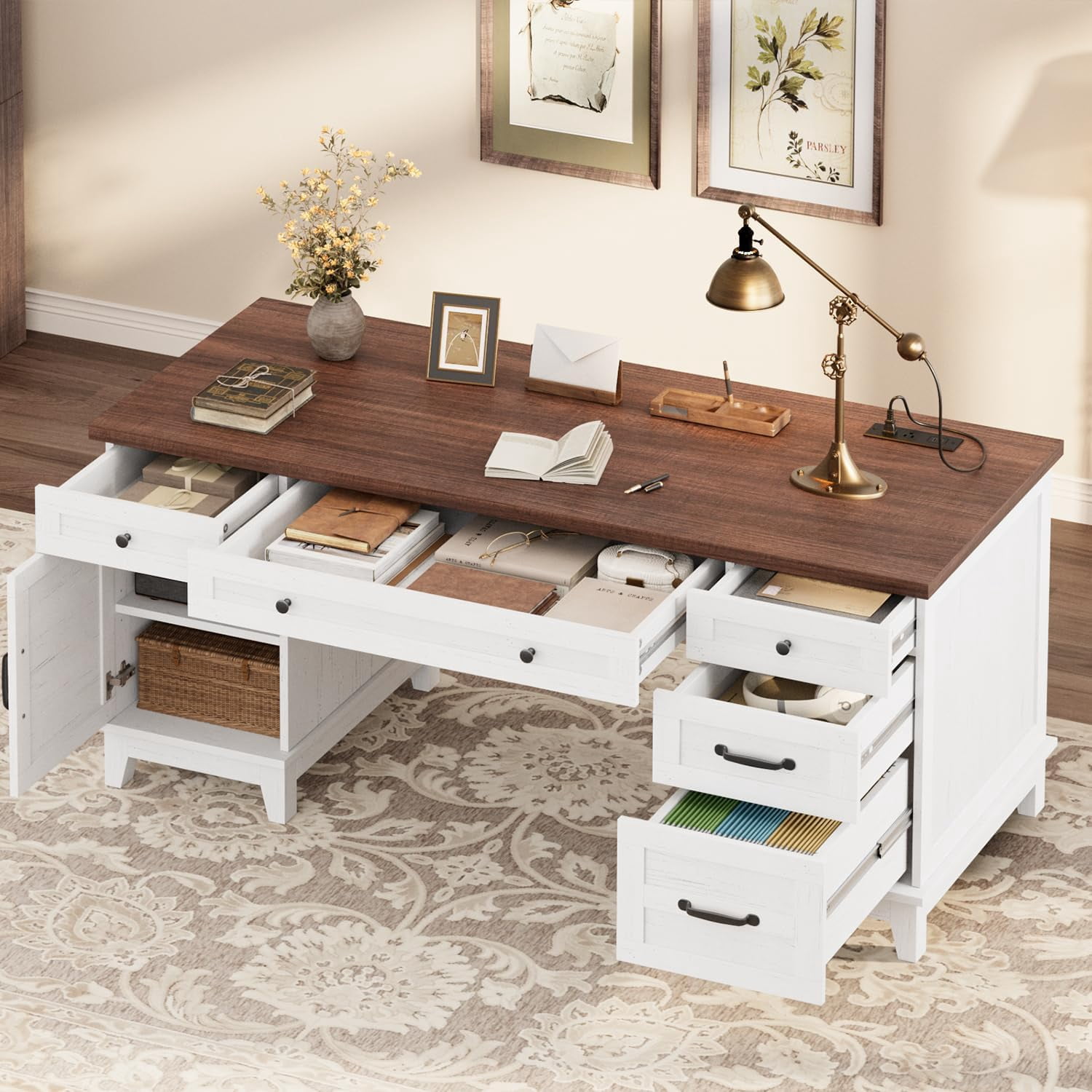 Executive Desk with File Drawers, Farmhouse Home Office Desk with ...