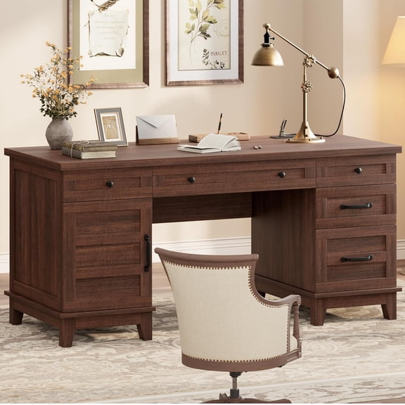 Executive Desk with File Drawers, Farmhouse Home Office Desk with Charging Station, 60 in Wooden Computer Desk with Cabinet Storage for Work Study Writing
