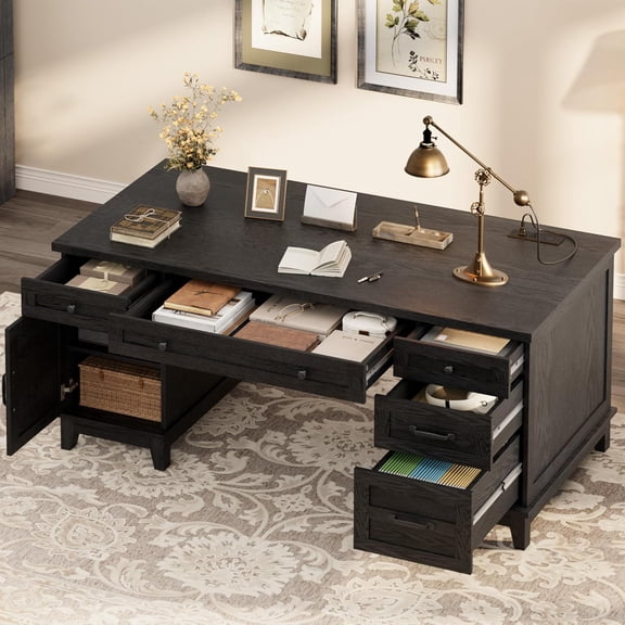 Executive Desk with File Drawers, Farmhouse Home Office Desk with Charging Station, 60 in Wooden Computer Desk with Cabinet Storage for Work Study Writing