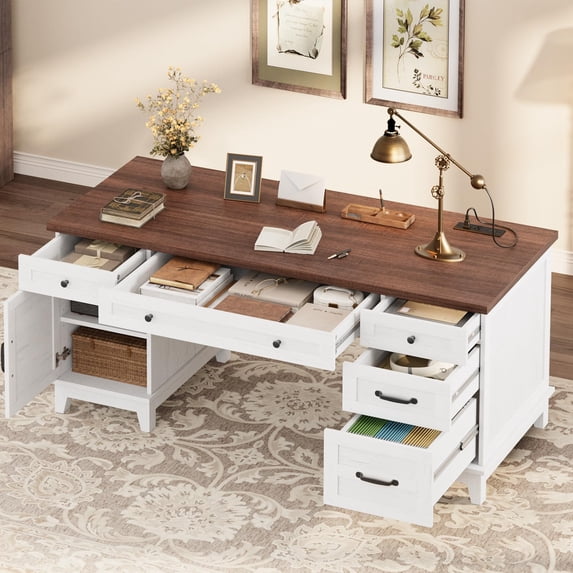 Executive Desk with File Drawers, Farmhouse Office Desk with Charging Station, 60 Inch Wood Computer Desk with Cabinet Storage for Study Work Writing, White Walnut