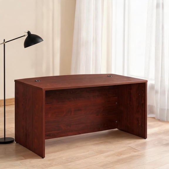 Executive Desk with Cord Management, Red-Toned Engineered Wood, 59-Inch Wide Bowfront Work Surface for Home Office