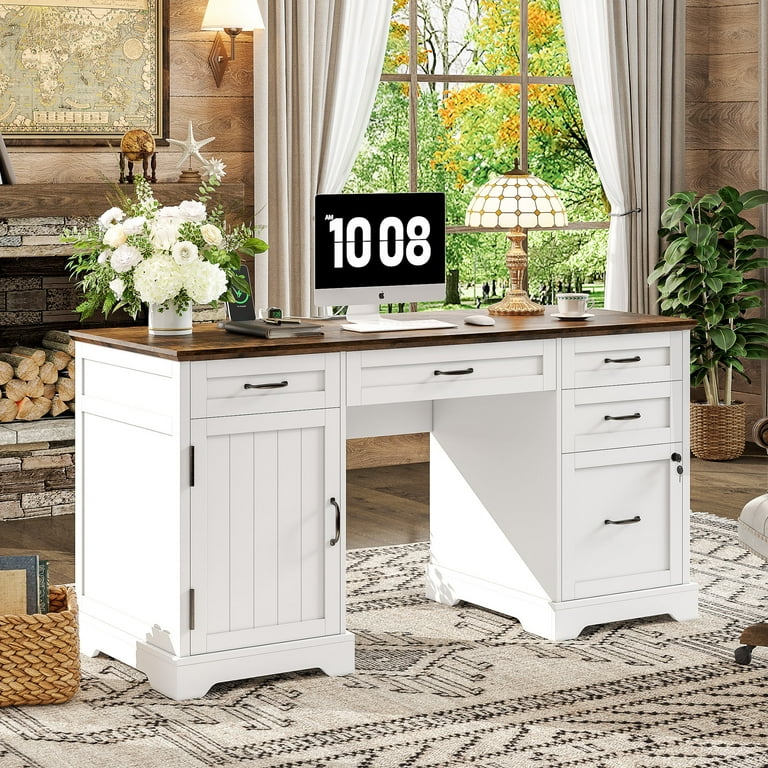 55 Farmhouse Executive Desk with Drawers File Cabinet and Power Outlets White August Grove