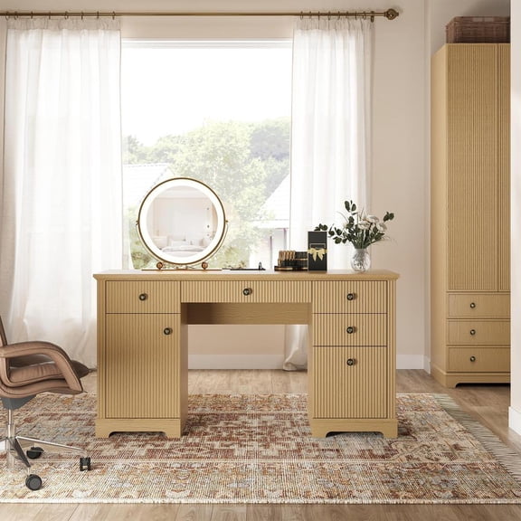 Executive Desk with Drawers, Wood Computer Desk with Ample File Drawer, Home Office Desk with Storage for Study, Bedroom, Living Room, Oak