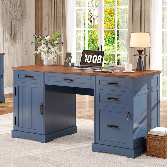 Executive Desk with File Drawers, 55'' Farmhouse Desk Modern for Adult Home Office, White