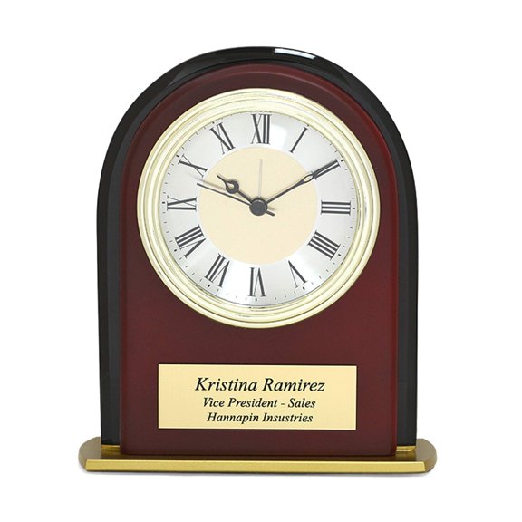 Executive Gift Shoppe | Arched Personalized Mahogany Desktop Alarm Clock with Custom Engraving