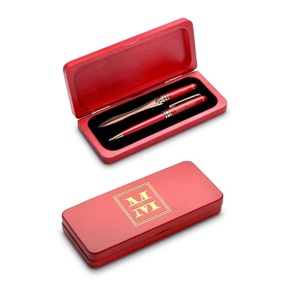 Executive Gift Shoppe | Split Monogram Engraved Black & Gold Ballpoint Pen with Cherry Wood Box