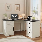 Executive L-Shaped Farmhouse Desk   60" Corner Office Workstation, File Drawers, Adjustable Side Storage Cabinet, Antique White with Embossed Dark Top Plate