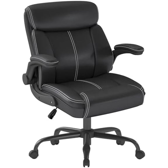 Executive Leather Office Chair, Ergonomic Home Office Desk Chair with Flip-up Armrests, Lumbar Support, Adjustable Height, Mid-Back with Rocking Function for Executives(Black)$$Office