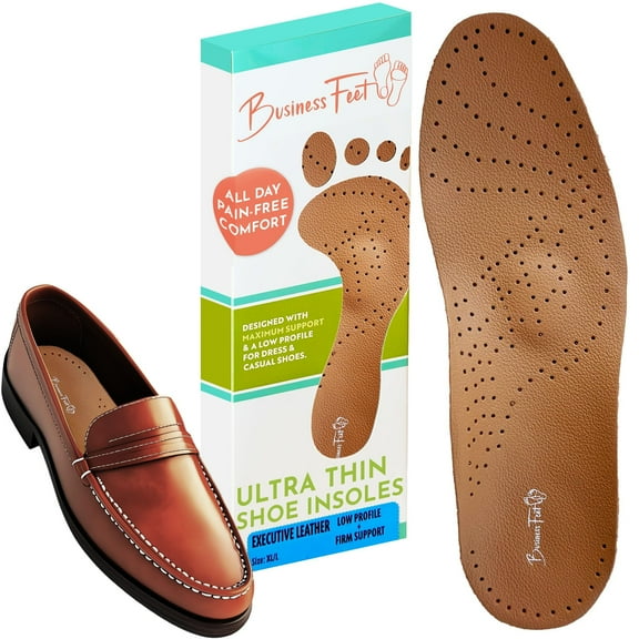 Executive Leather Ultra Thin Shoe Insoles Men & Shoe Inserts for Women. Cow Leather Arch Support Insoles That Don't Crowd Toe Box. Best Shoe Insoles for Dress Shoes Orthotic Inserts Foam Heel Pads