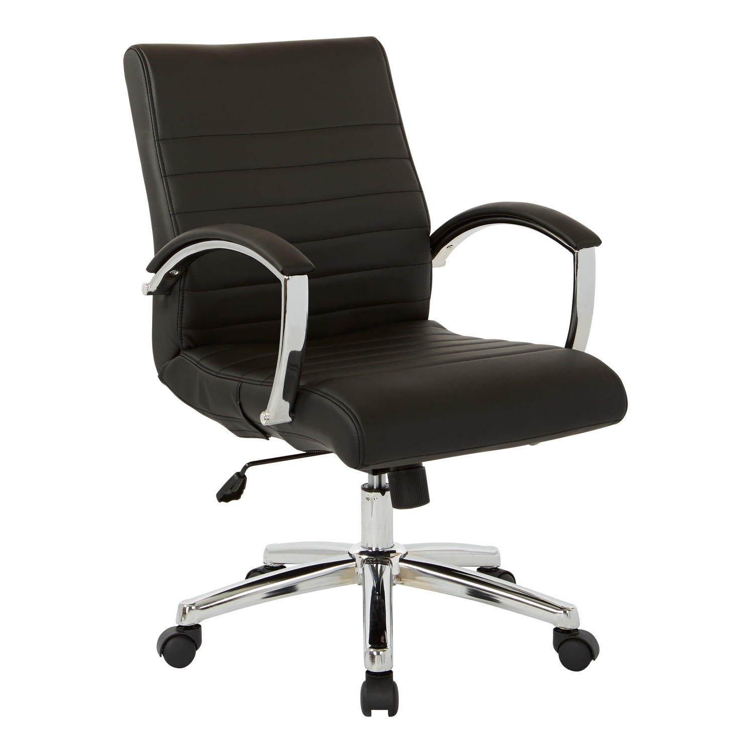 Executive Low Back Swivel Chair in Black Faux Leather with Chrome Arms