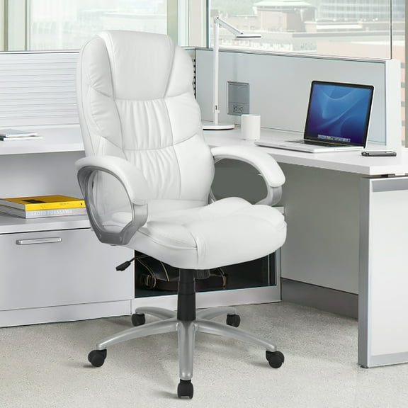 Executive Office Chair Big and Tall Leather Computer Chair Ergonomic Desk Chair High Density Sponge Seat&Back Chair with Padded Armrest,Lumbar Support and Headrest, White