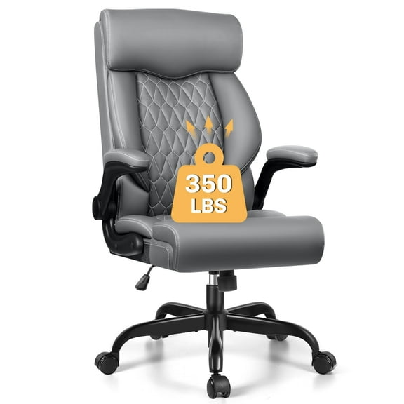 FASTES Office Chair, Ergonomic Computer Desk Chair with Rocking Function, Big and Tall Leather Chair with Adjustable Flip-up Armrests and Lumbar Support, Gray