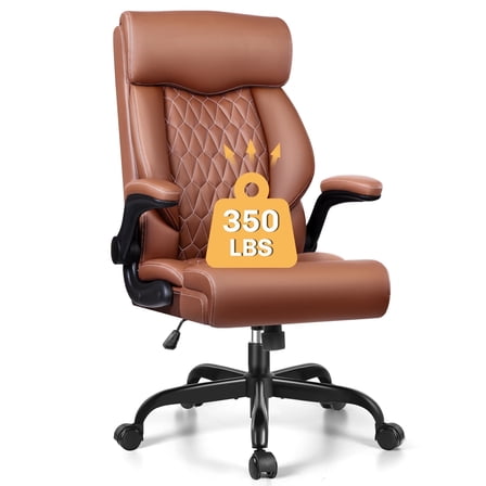 FASTES Office Chair, Ergonomic Computer Desk Chair with Rocking Function, Leather Chair with Adjustable Flip-up Armrests and Lumbar Support, Brown