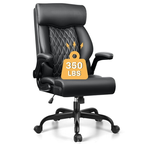 FASTES Office Chair, Ergonomic Computer Desk Chair with Rocking Function, Big and Tall Leather Office Chair with Adjustable Flip-up Armrests and Lumbar Support, Black