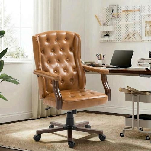 Executive Office Chair, Ergonomic Faux Leather Desk Chair with Wingback Design, Swivel Adjustable Home Office Chair for Computer Desk, Comfortable Task Chair for Home Office, Brown