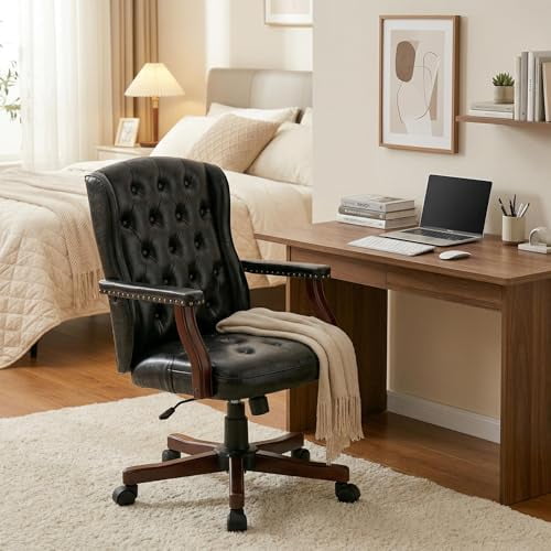 Executive Office Chair, Ergonomic Faux Leather Desk Chair with Wingback Design, Swivel Adjustable Home Office Chair for Computer Desk, Comfortable Task Chair for Home Office, Black