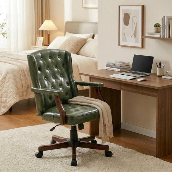 Executive Office Chair, Ergonomic Faux Leather Desk Chair with Wingback Design, Swivel Adjustable Home Office Chair for Computer Desk, Comfortable Task Chair for Home Office, Dark Green