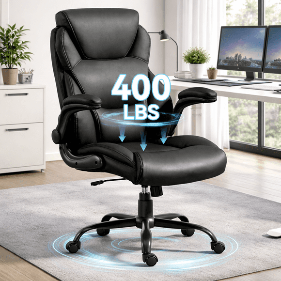 Big and Tall Office Chair 400LBS, Heavy Duty High Back Executive Ergonomic PU Leather Desk Chair, Adjustable Height 360° Swivel Rolling Wheels Computer Chair for Home Office Work
