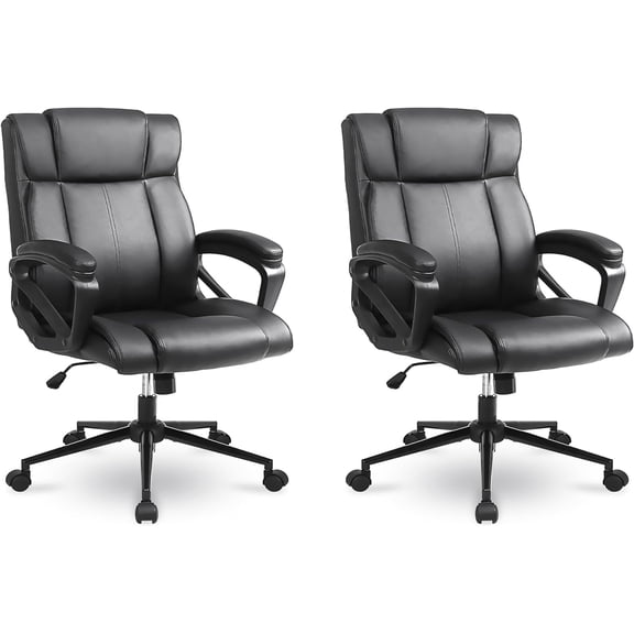 Executive Office Chair, Ergonomic Home Office Desk Chair with Wheels, Thicken Armrest and Lumbar Support, Upholstered Leather Mid-Back Computer Gaming Chair (Black, Set of 2)