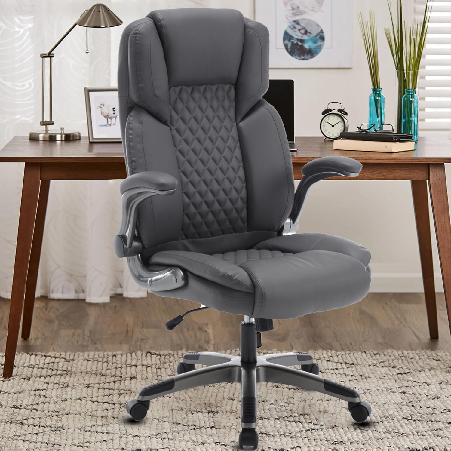 Executive Office Chair with Flip up Arms, Ergonomic PU Leather Office Chairs with Wheels, 90-120° Rocking High Back Office Desk Chair with Lumbar Support, Swivel Task Chairs(Grey)