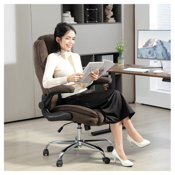 Executive Office Chair, Flip-Up Arm Desk Chair, Diamond Fabric Computer Chair for Home Office, Dark Brown