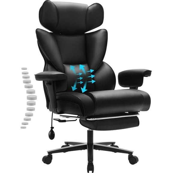 Executive Office Chair with Foot Rest and Waist Lumber Support 300lbs, Home Office Desk Chair with Adjustable Headrest and Armrests, High-Back PU Computer Chair with Rocking, Black