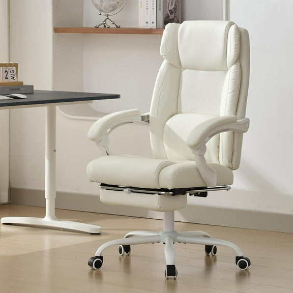 Executive Office Chair with Footrest,90-155°Adjustable Reclining Office Chair,Thick Leather Chair with Lumbar Support,Ergonomic Computer Desk Chair Comfy for Home Office (Cream White)