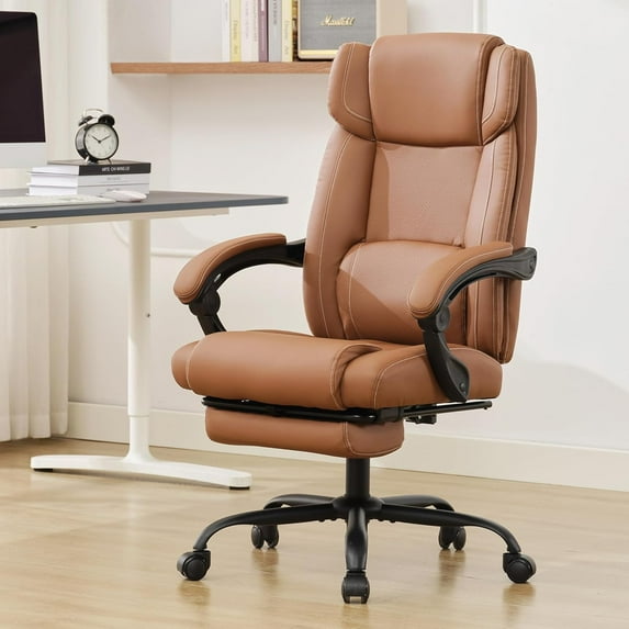 Executive Office Chair with Footrest,90-155°Adjustable Reclining Office Chair, Thick Leather Chair with Lumbar Support, Ergonomic Computer Desk Chair for Home Office (Brown)